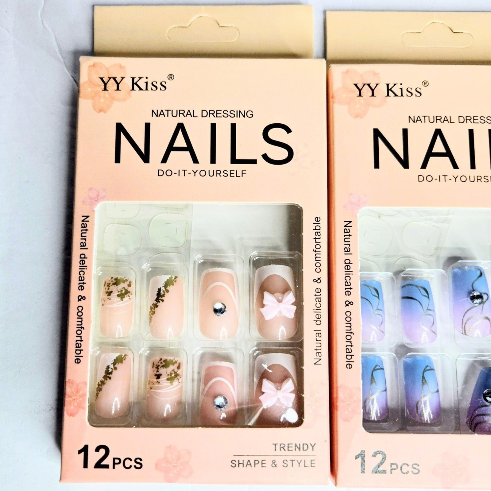 PRESS-ON NAILS Pack of 3 Set with 12 Pieces Each YY Kiss Natural Dress NEW NIB