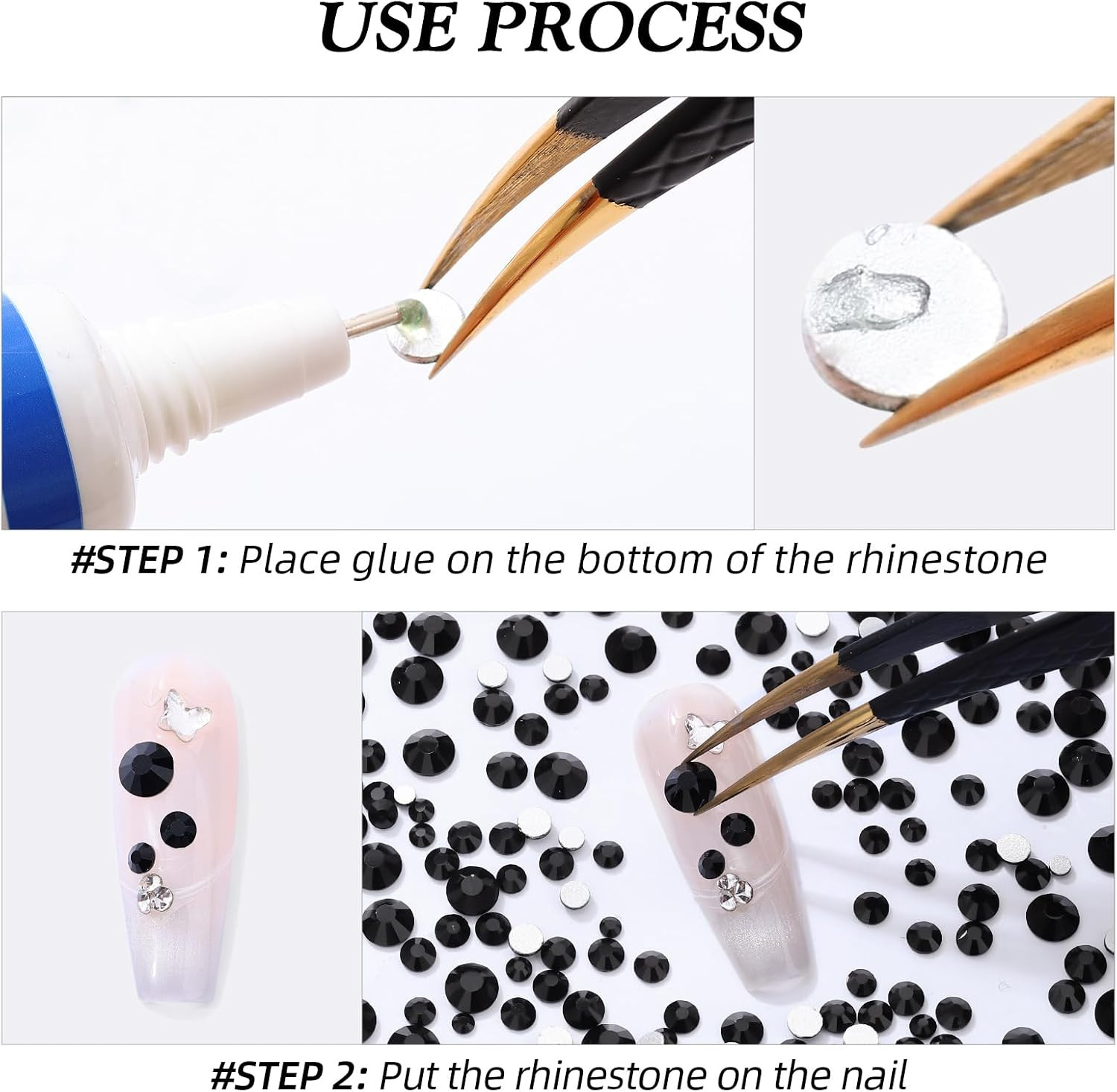 Black Flatback Rhinestones, Glass Rhinestones for Nail Art and Craft, Glue Fix,