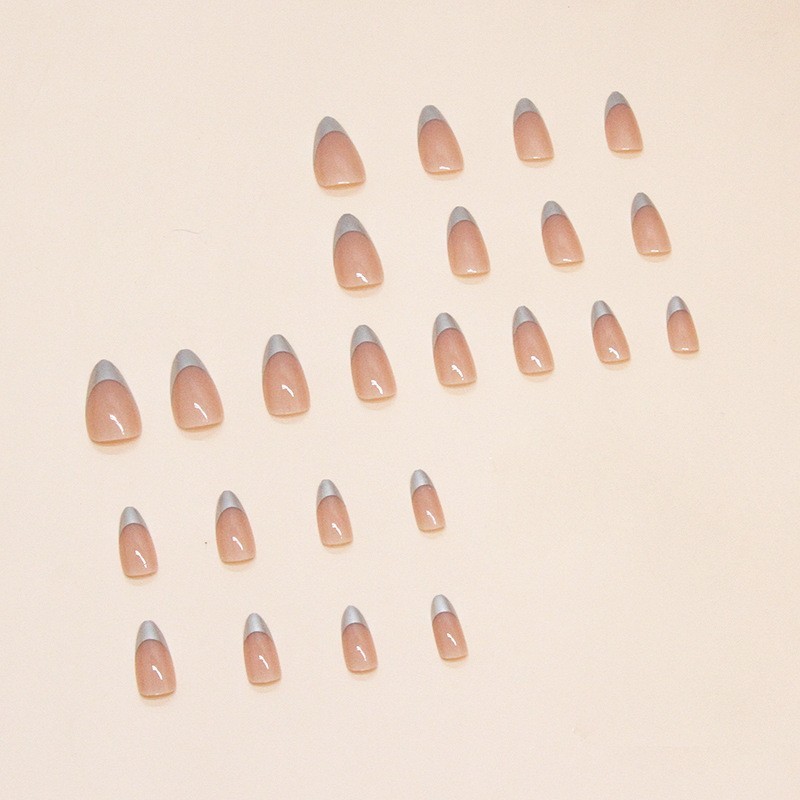 24pcs Nude French Press On Nails – Almond Glossy Nails with Sliver Tips