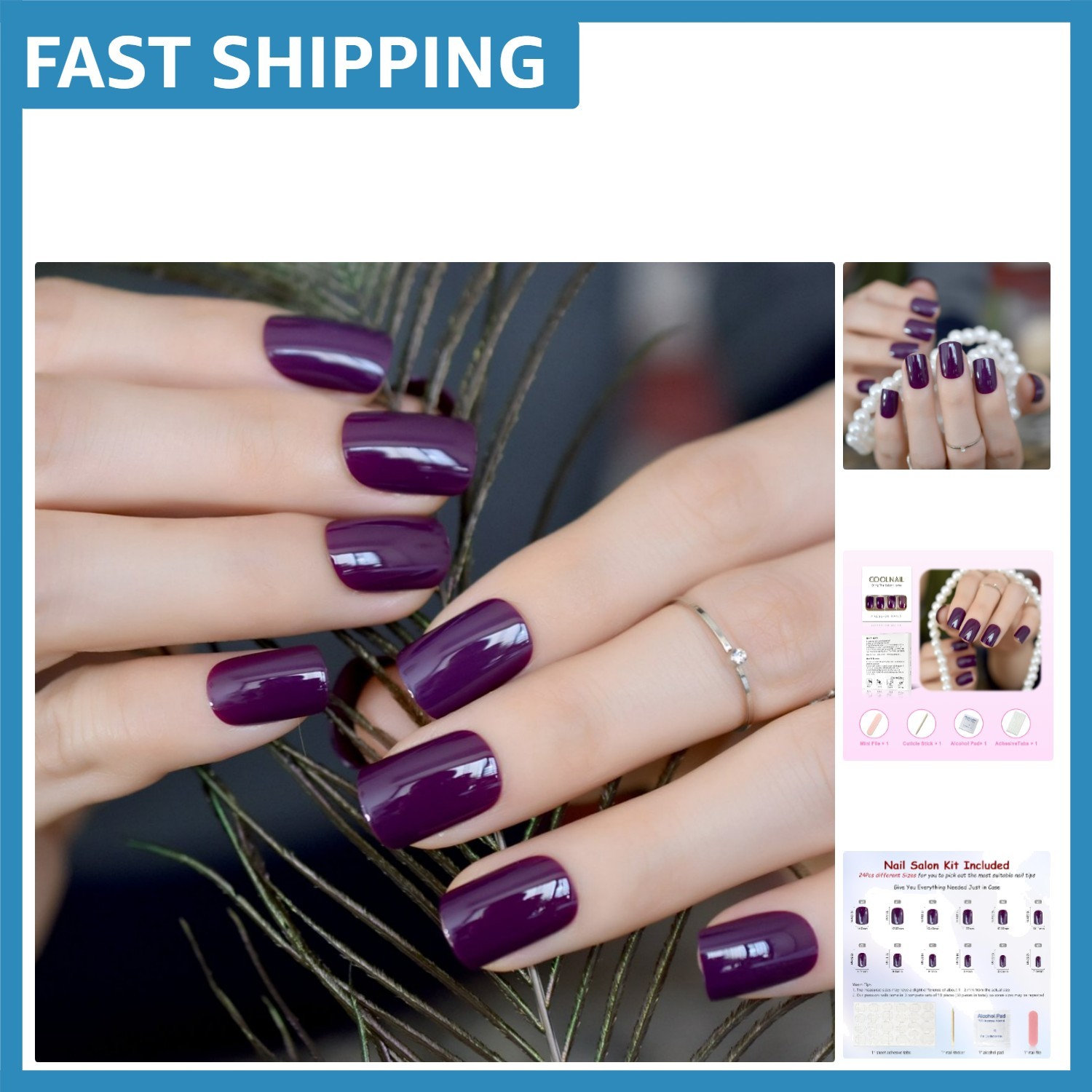 Dark Violet False Nail Tips – 24Pcs Solid Glossy Gel for Perfect Fit