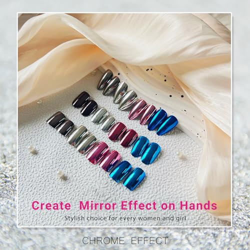 Mirror Metal Black Press on Nails Short Square, Chrome Glazed square black