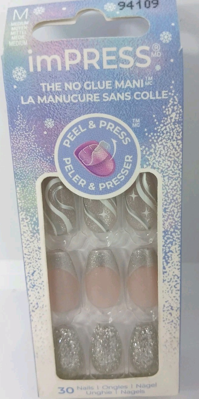 KISS imPRESS No Glue Nails Peel Press medium length only wish silver glitter ne