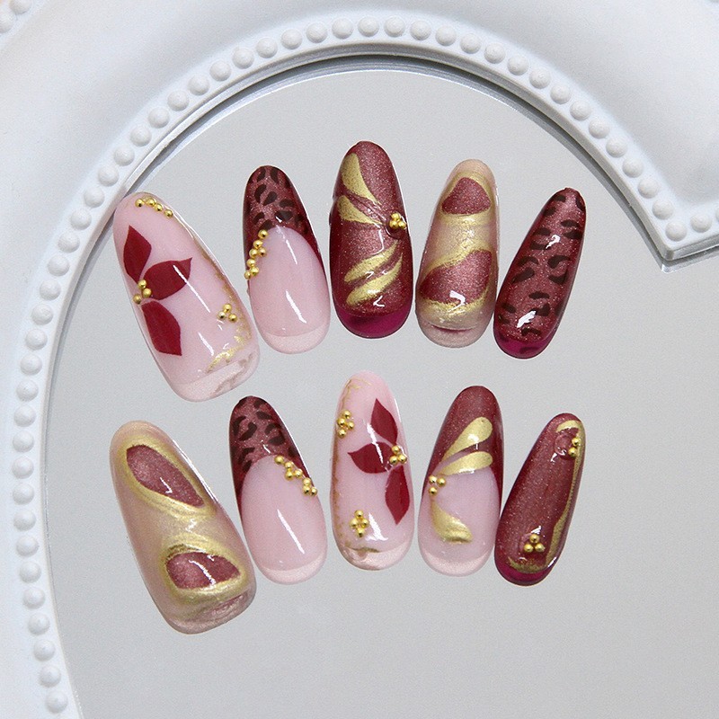 3D Gold Accented Leopard Print Cat Eye Nails for For french Manicure 30Pcs Set