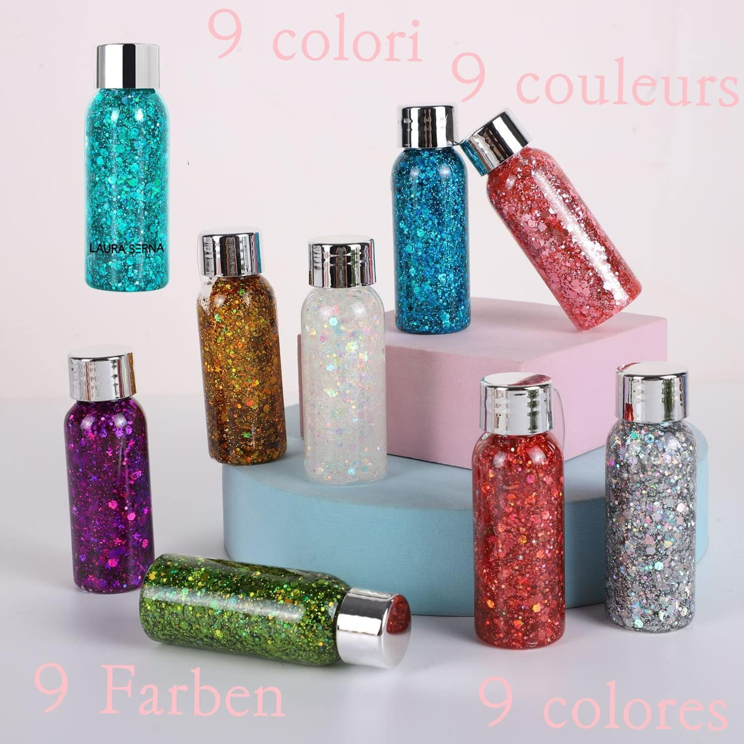 9 Pack Body Glitter Gel, Mermaid Sequin Chunky Glitter Face Hair Nail Lip Glitte