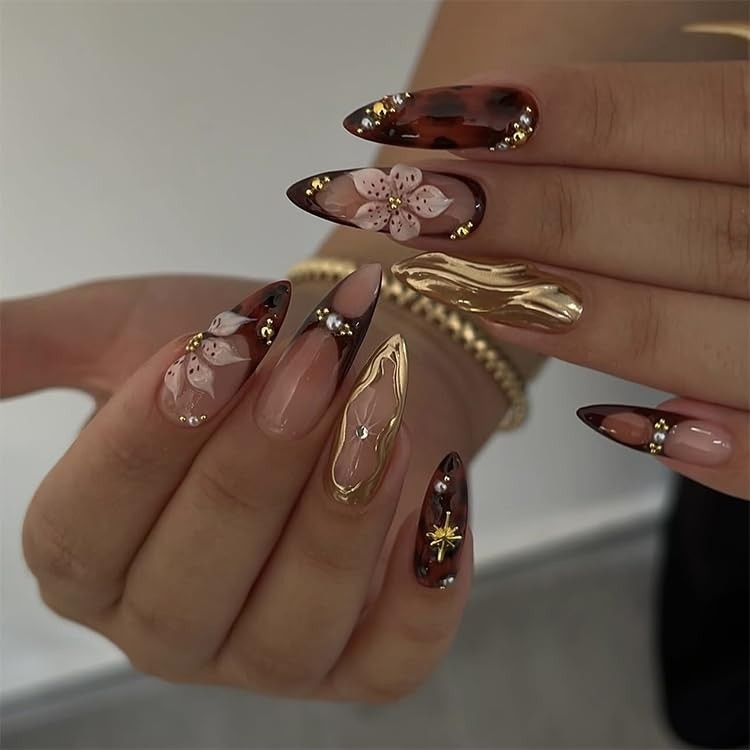 French Tip Press on Nails Medium Almond Fake Nails with Brown Leopard Designs…
