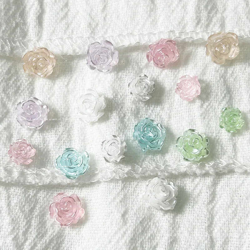 50pcs Camellia Nail Charms Mix Flower Shiny Pearl 3D 6/8mm Rose Flat Back 3D