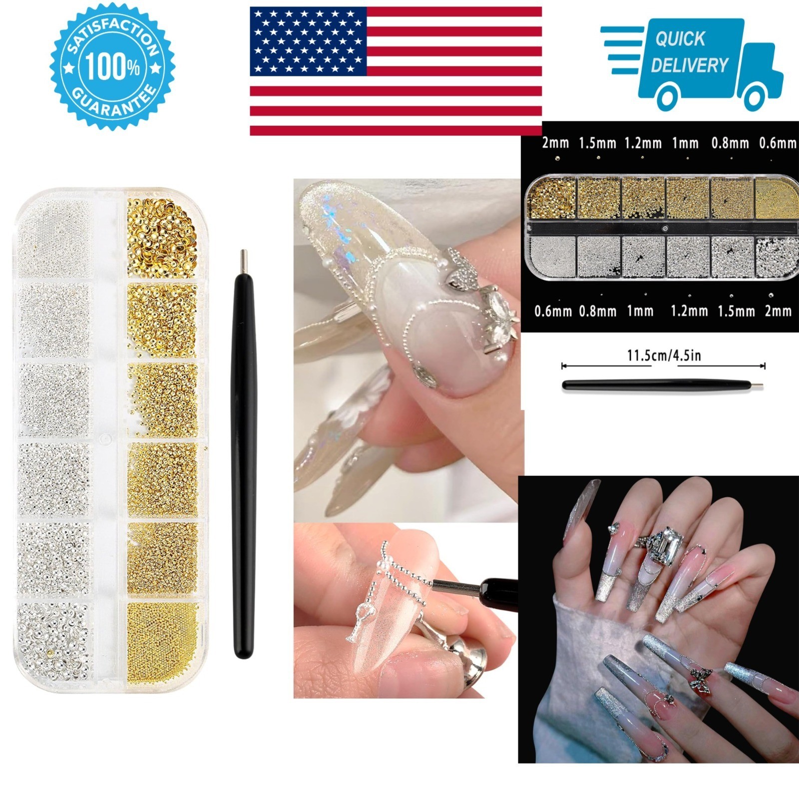 3D Caviar Beads Nail Art Kit with Magnet Picker Tool – Gold & Silver
