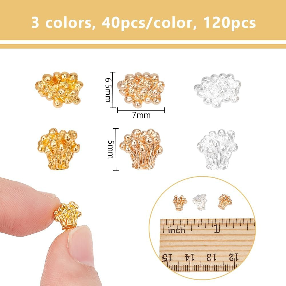 120 Pcs 3 Colors Gold Stamen Alloy, 7X6.5Mm 3D Nail Charms Metal Flower Nail Art