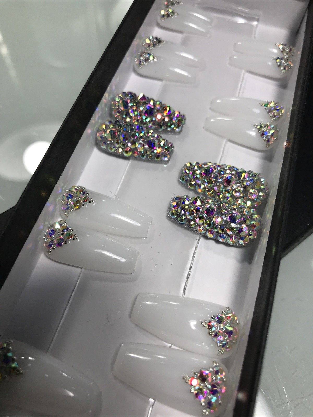 🔥 Press On Nails Handmade- 22 Med Coffin Pink White + Crystal Gel /gel Polish