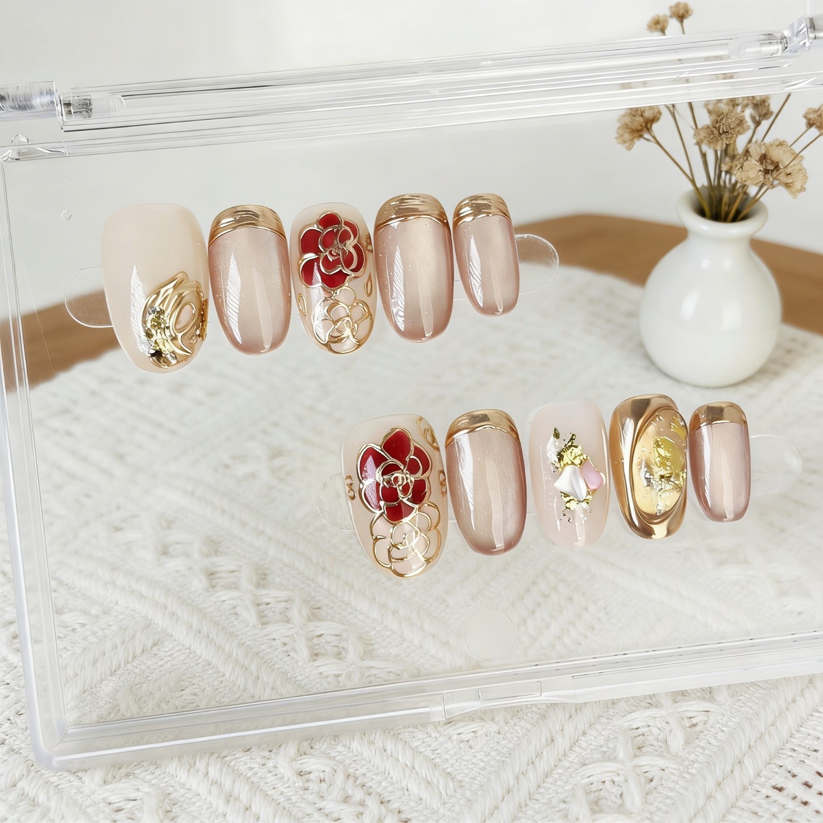 Nude Pink Floral Press On Nails Oval Gold Foil Handmade Elegant Set Gift For Her