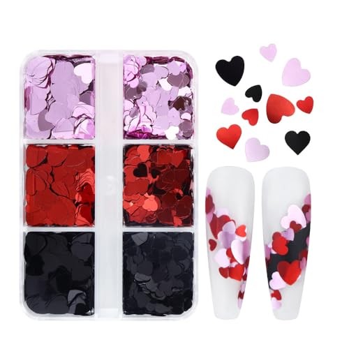 3D Heart Nail Art Glitter Sequins for Valentine, Red Black Mixed Holographic