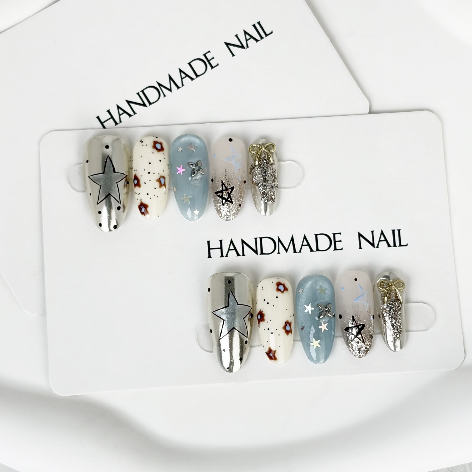Galaxy Star Glitter Press-On Nails Mismatched Set Handmade Almond Nails Gift
