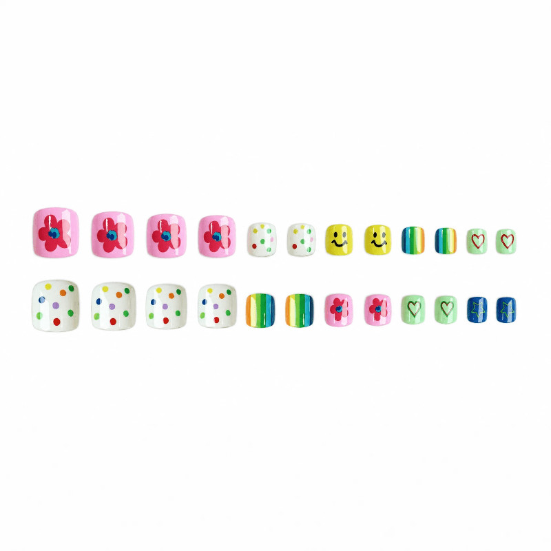 48Pcs Rainbow Dot Floral Toe Short Square Press on Nails,Bright Sweet Fake Nails