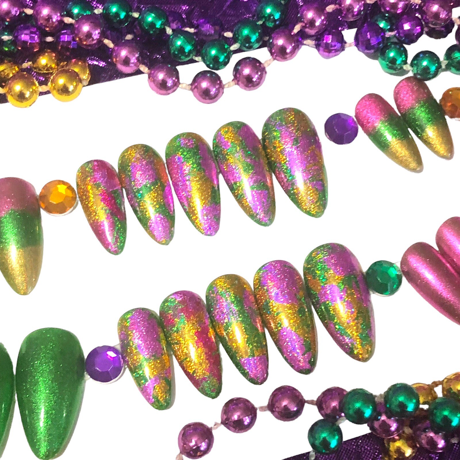 Handmade Custom Press On Nails Almond Shape Medium Length Mardi Gras Nails
