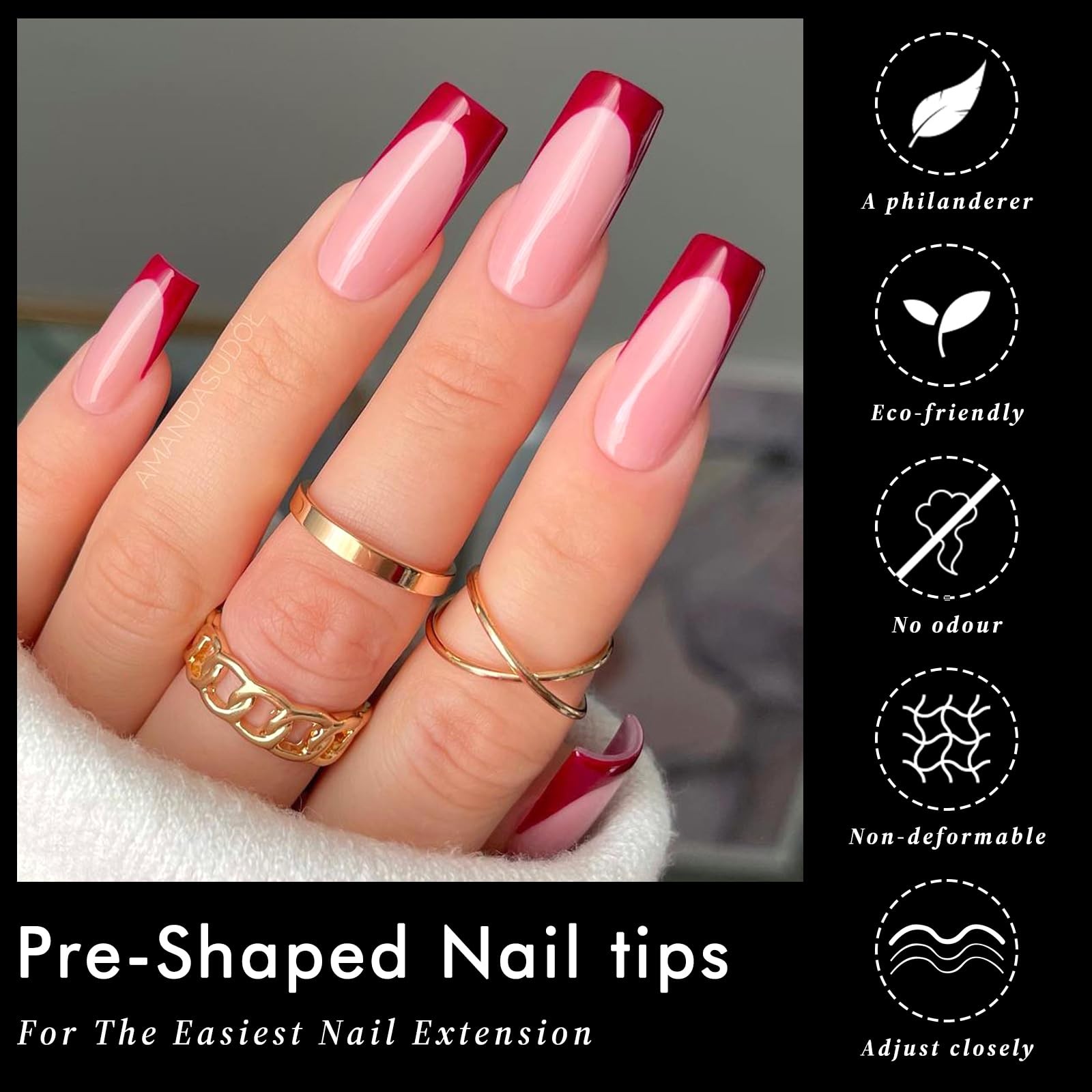 300pcs Long Square Nail Tips Full Cover Clear Acrylic Gel 15 Sizes Press-On Set