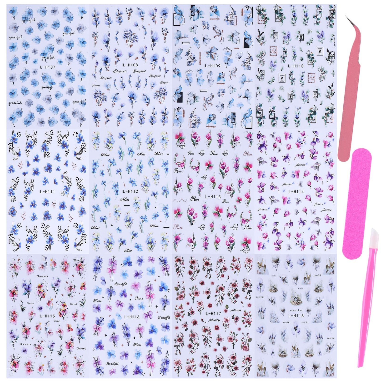 Ink Flower Nail Art Stickers 12 Sheets 3D -Adhesive Nail Decals with Tweezers…