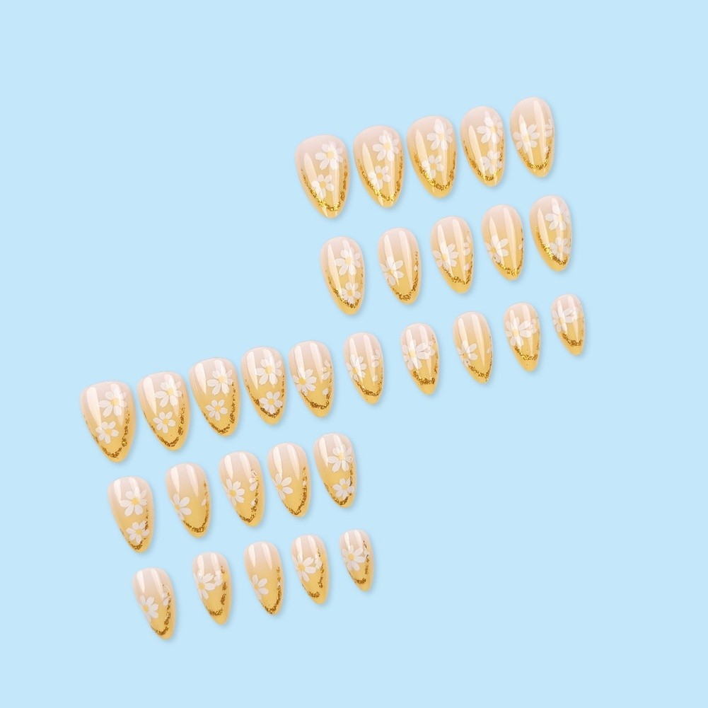 Floral Design Press On Nails Almond Cut White Nude Gold Trimmed 24 Pieces ABS