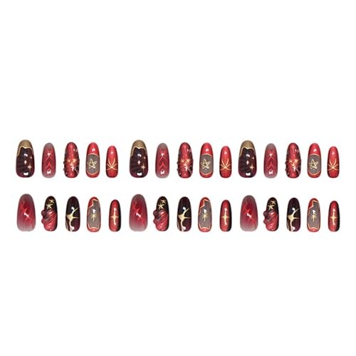 30Pcs Red Press on Nails Charms Medium Almond Fake Nails Stars Wine Red Style 5