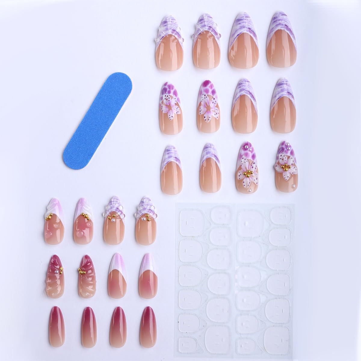 Summer Press on Nails Medium Almond Nails Press Ons with Flower & Gold Bead Desi