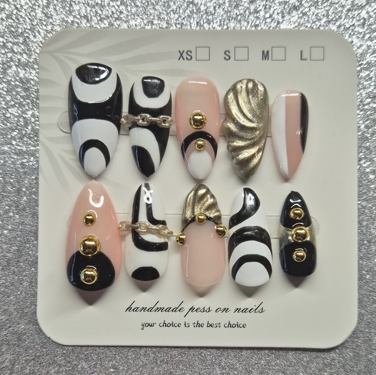 Black White Nude Gold Metallic Almond Press-On Nails Set Pre-Designed Nail Art