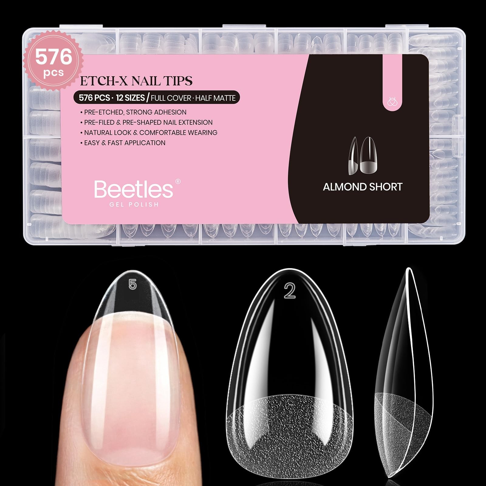 Beetles Gel Nail Tips 576Pcs 1 Count(Pack of 1), 0-Short Almond 576pcs