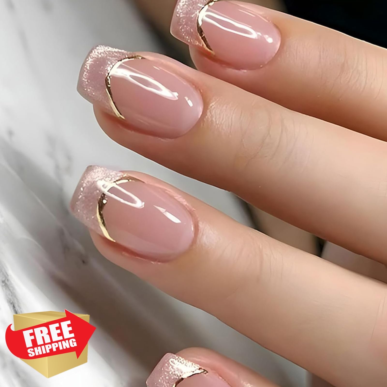 SEMATA Pink French Tip Square Nails Cat Eye Gold Line Design