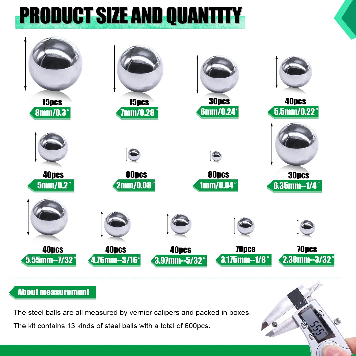 600 Pcs Stainless Steel Bearing Balls Assorted Sizes for Bicycle Repair
