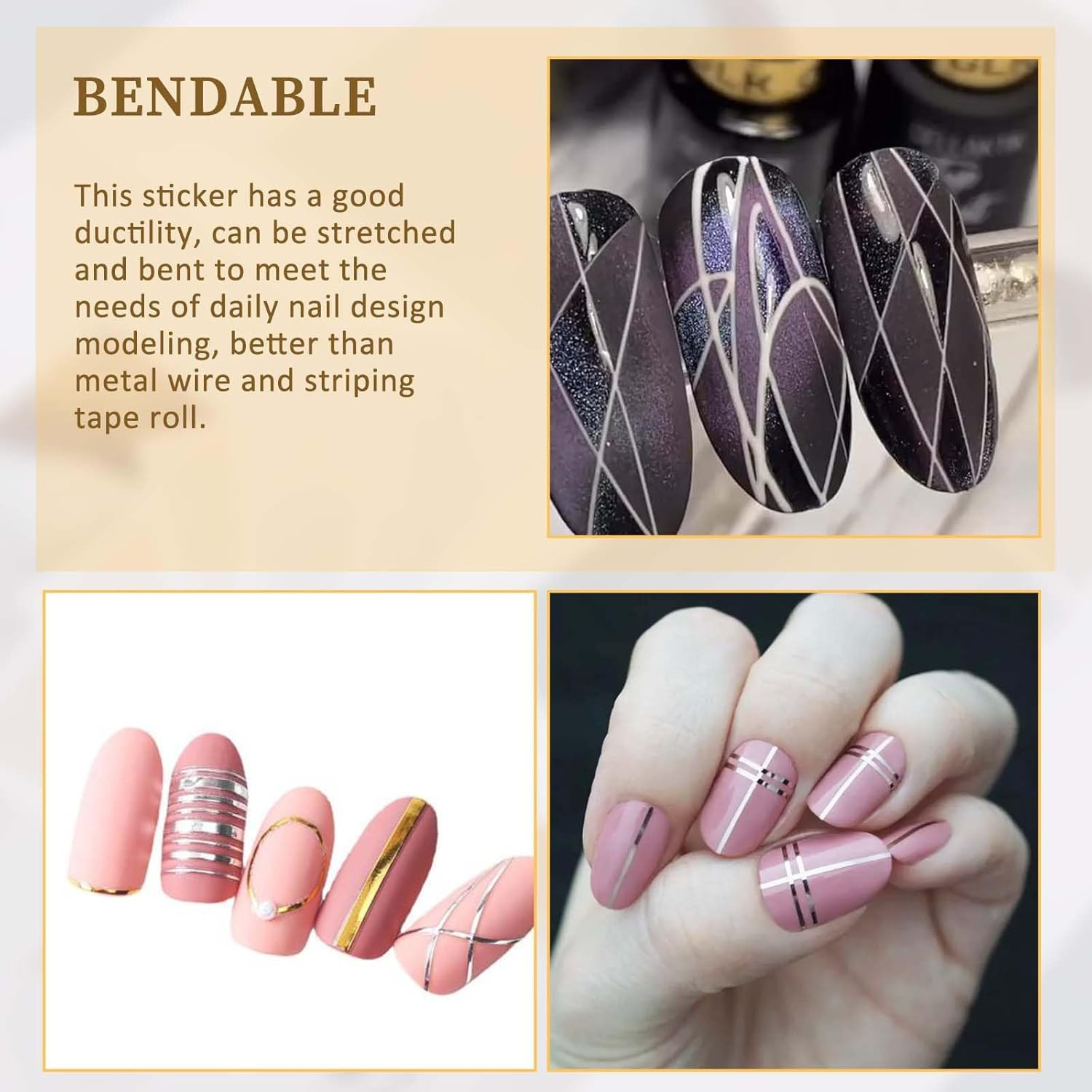 7 Sheets Line Nail Art Stickers Gold and Silver, Metallic Nail Striping for Wome