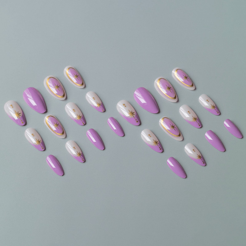 48Pcs-Long Almond Lavender Purple Gradient Gold Star Line Elegant Press on Nails