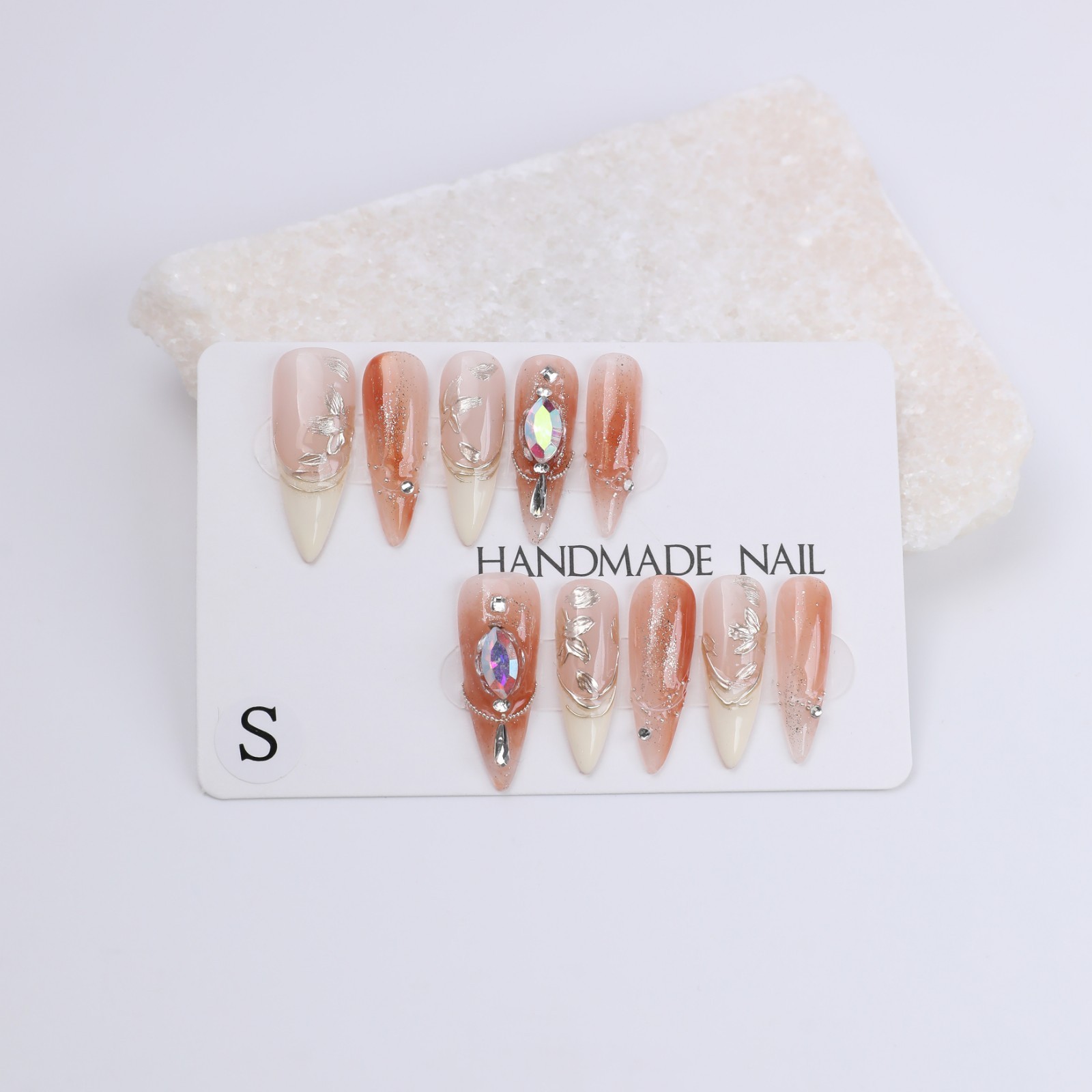 Honey Tea Pink Brown Ombre Press On Nails Medium Stiletto Gold Foil Rhinestone