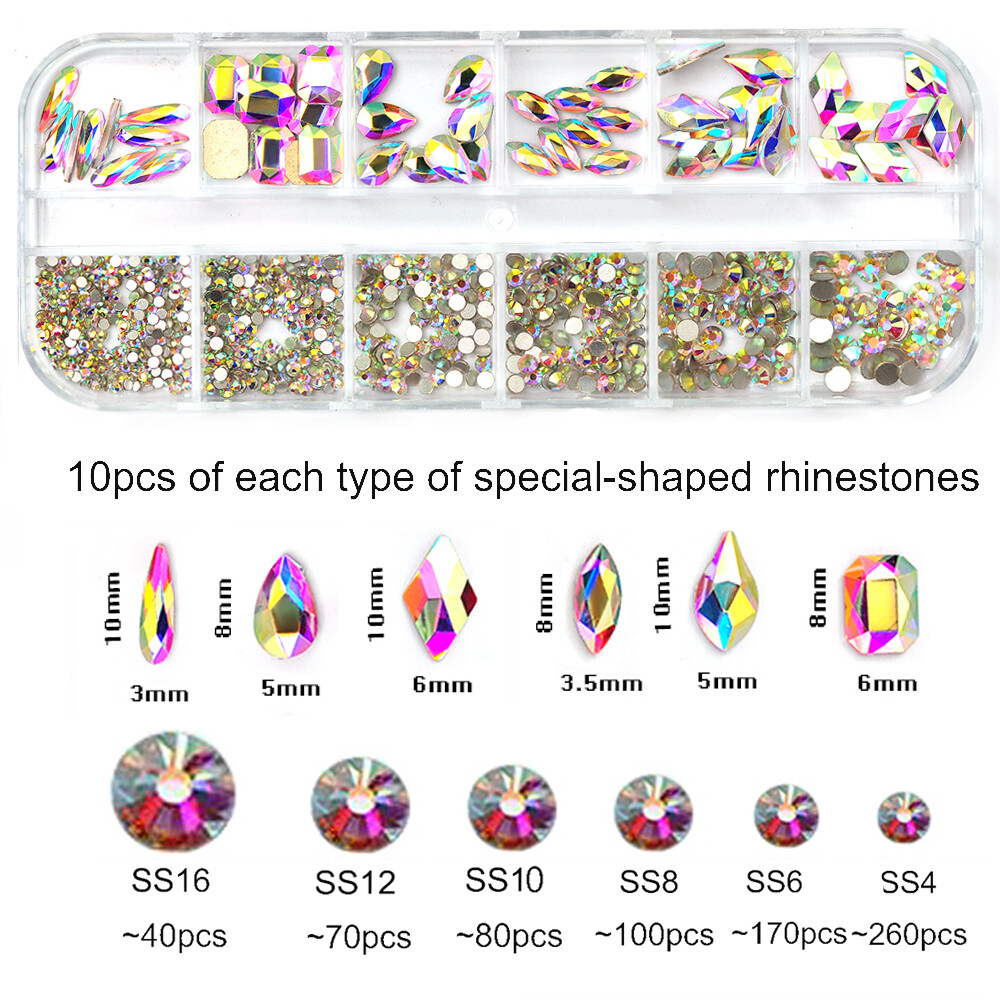 12Box/Set Mix SHAPE Crystal Strass Rhinestone Diamond Nail Art Decoration +tools