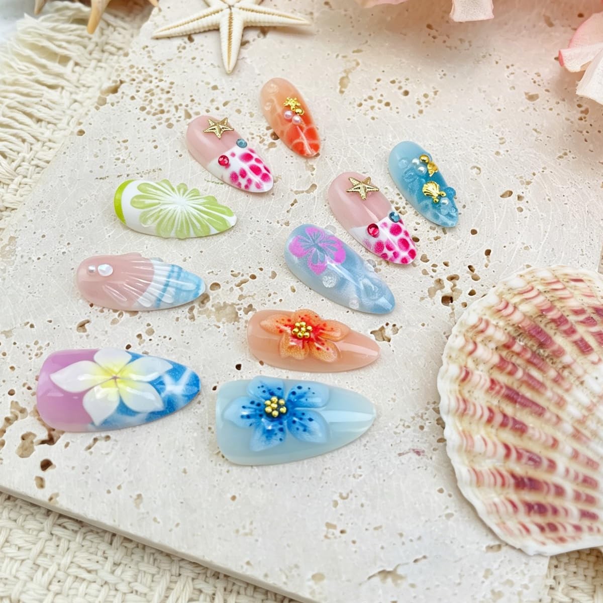30Pcs Summer Ocean Press on Nails 3D Relief Starfish Shell Flower Design Fake…