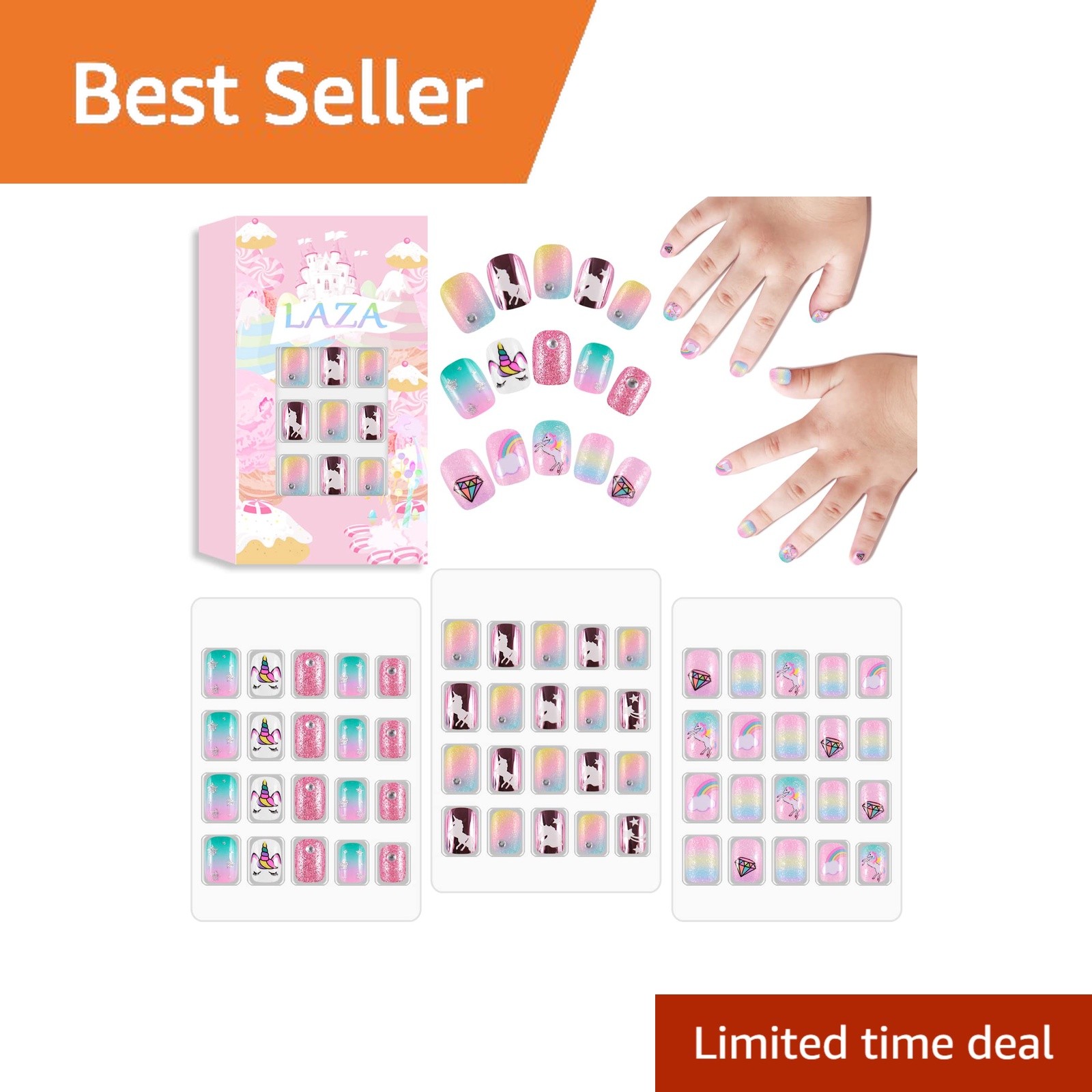 Laza Kids Press On Nails Pink Green Unicorn Glitter 60pc