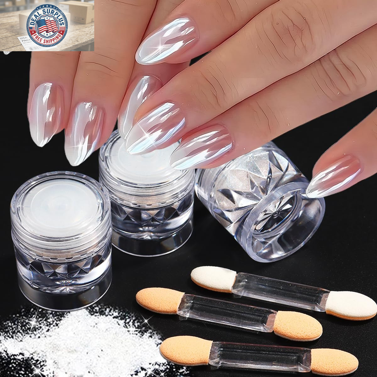 3Pcs Moonlight White Pearl Chrome Nail Powder, Super Glossy Clear Mirror Effect