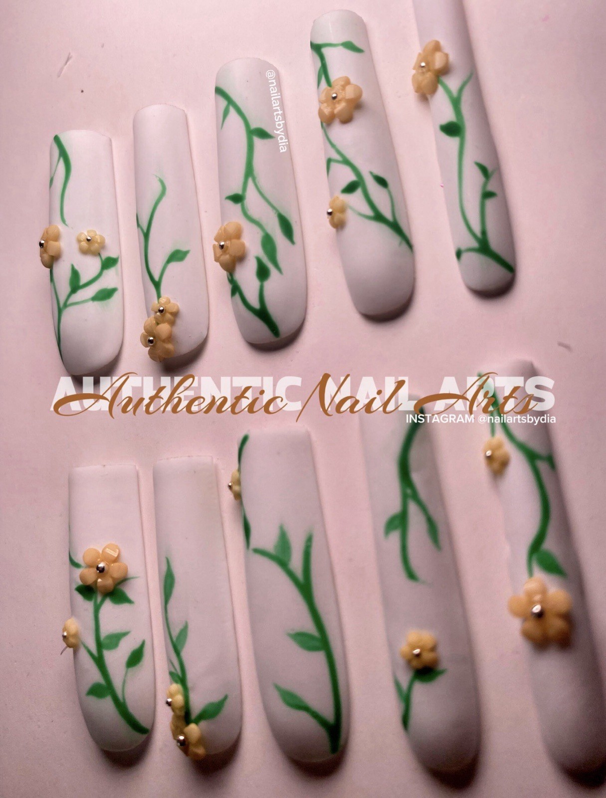 Authentic Nail Arts by Dia Press-On Nails Beige Orange yellow Shiny Rhinestone