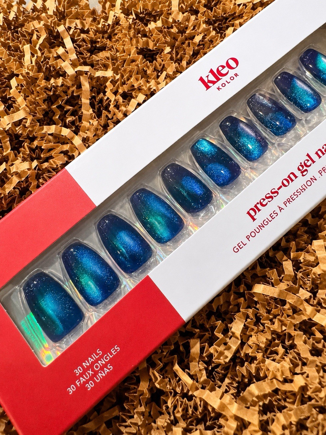 Kleo Kolor 30 Press-On Gel Nails~Galaxy Aura~Teal/Violet Color Shift~Long Coffin