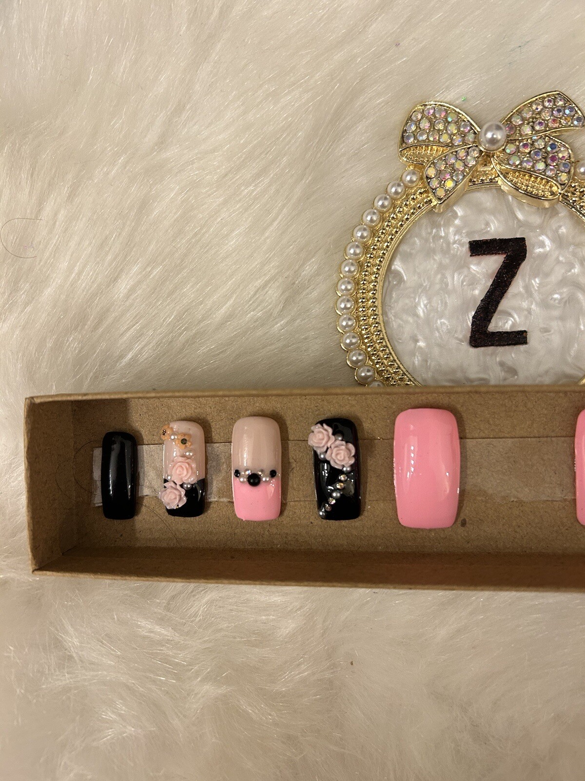 Z NAILZ! Gorgeous Set Of Black/Pink/Beige Handmade Long Square Press On Nails
