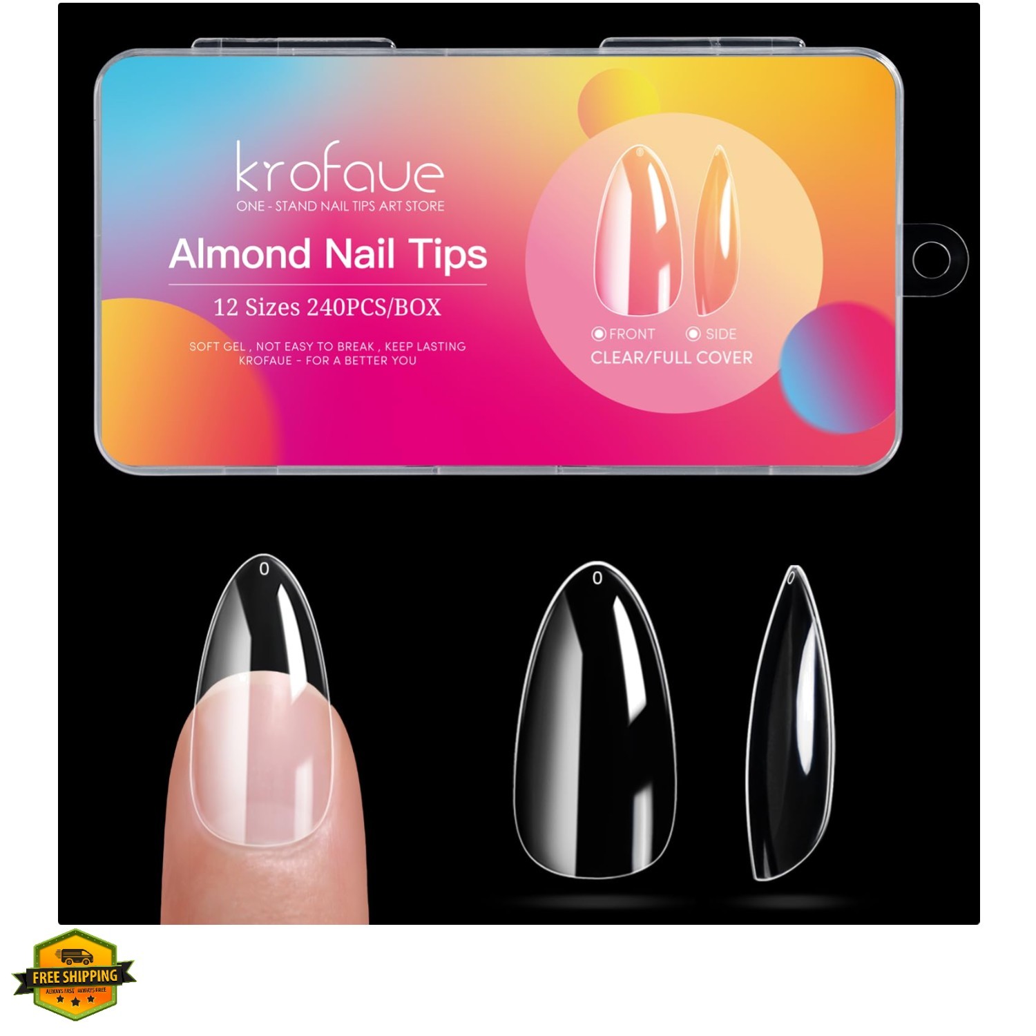 Almond Nails Tips 240Pcs 12 Sizes- Soft Gel Clear No Crease Pre-shape Oval Ar…