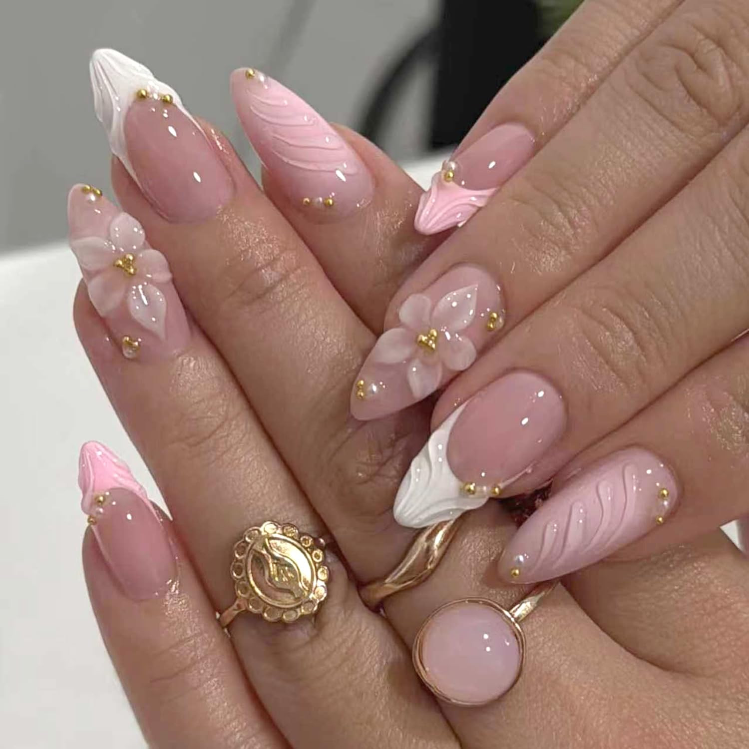 24Pcs French Tip Press on Nails Medium Almond Fake Nails 3D Flowers Gold Bead De