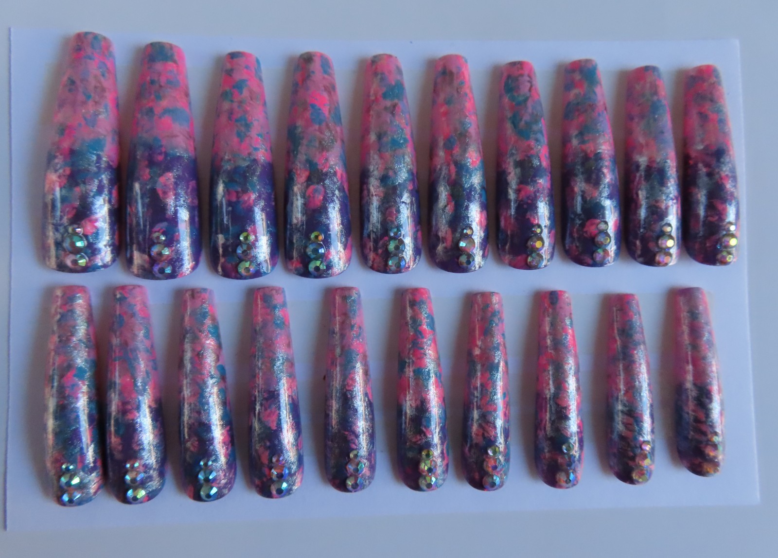 XL Pink Purple Blue Silver Metallic Rhinestone Splatter Coffin Press On Nails