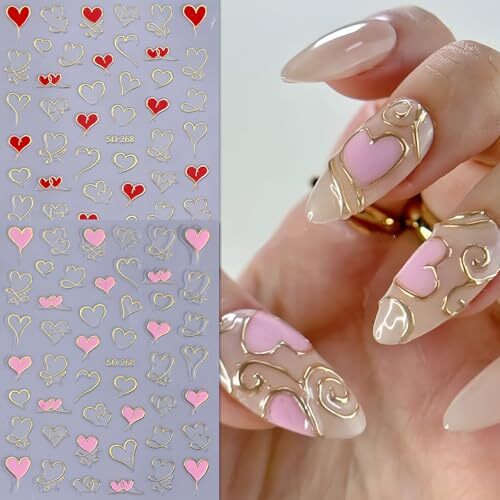Heart Nail Art Stickers 6 Sheets Valentine’s Day Nail Decals 3D Self Adhesive