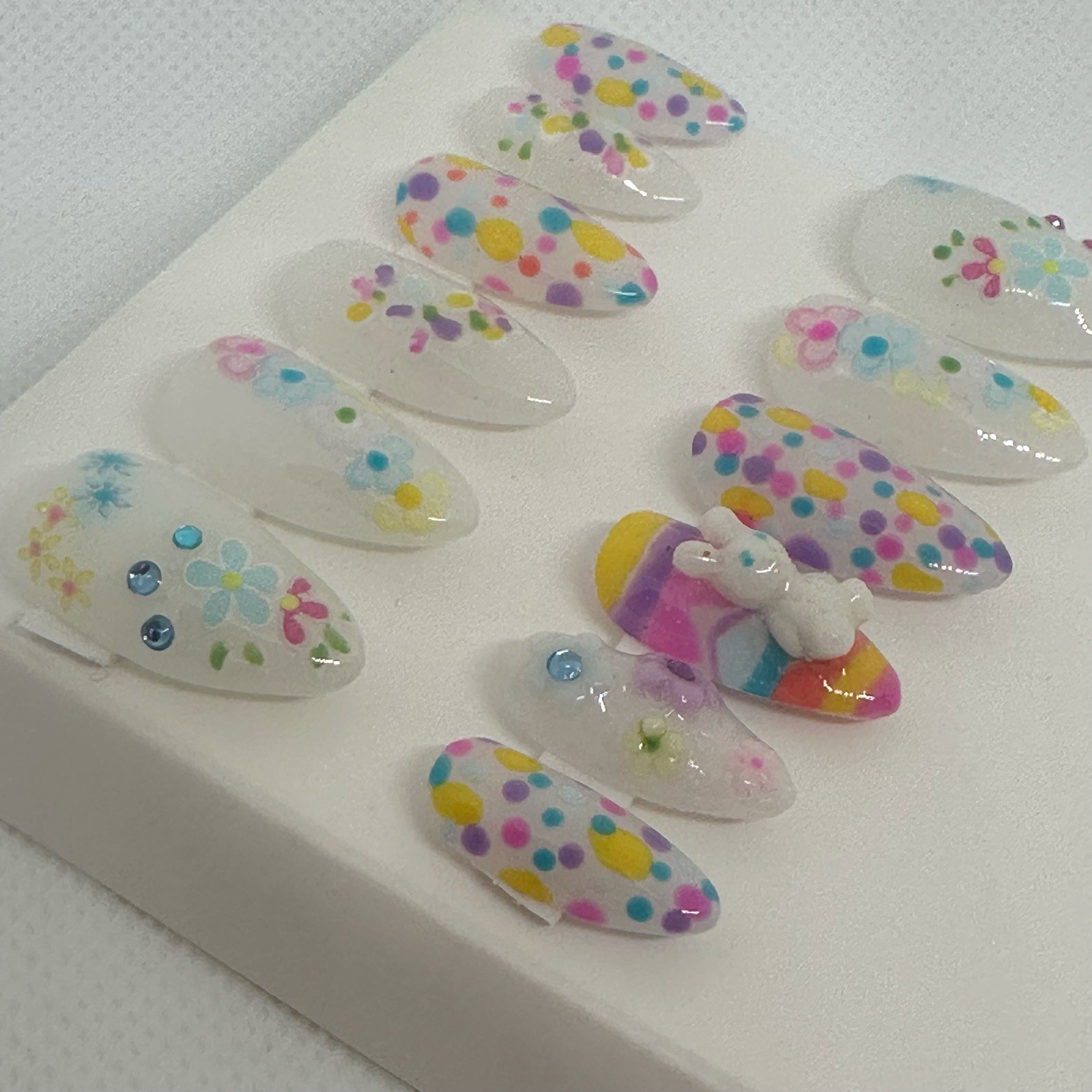 Handmade Press On Nails Medium Length 12pc Set Almond Shape EASTER Bunny