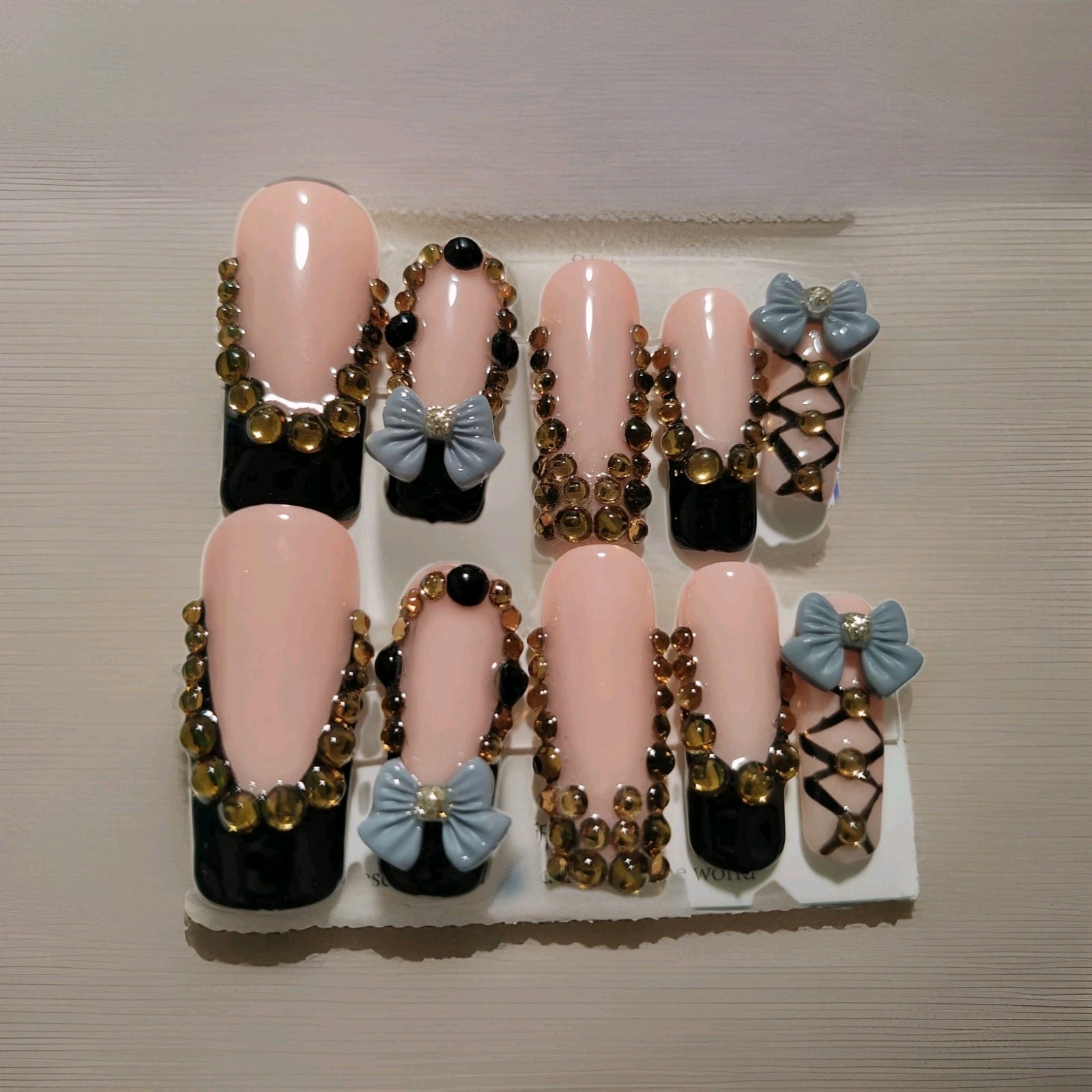 Medium Square Pink Black Gold 3D Bow Gemstone Shiny Press-On Nails Full Cover