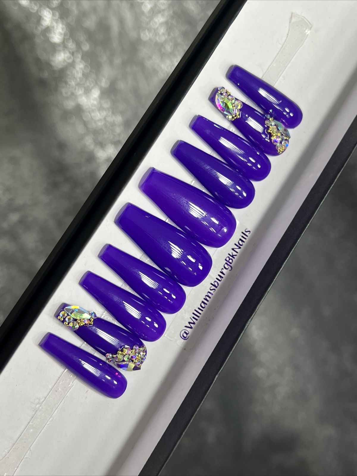 🍭CUSTOM Gel Press On False Nails, PURPLE W/ Bling ,Long Coffin 10p w kit NEW