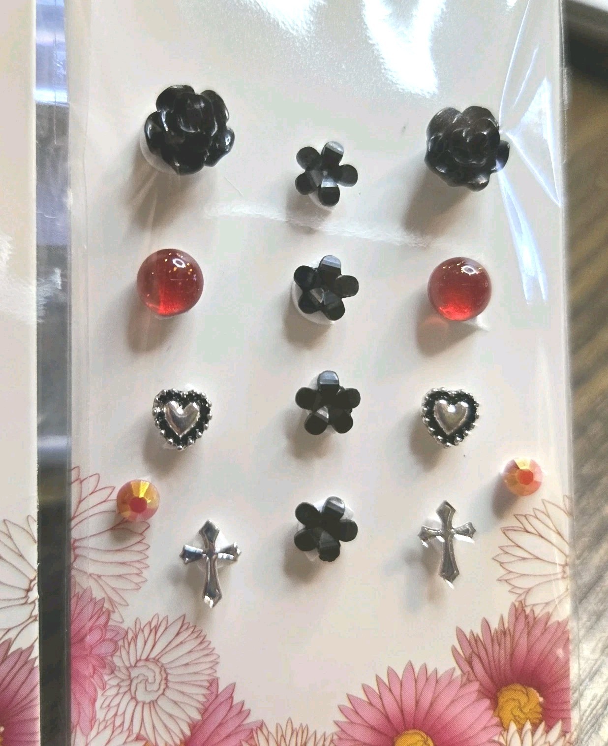 2 Sets 24 Pcs 3D Nail Art Charms Silver Frames Hearts Cross Black Roses Red Gems
