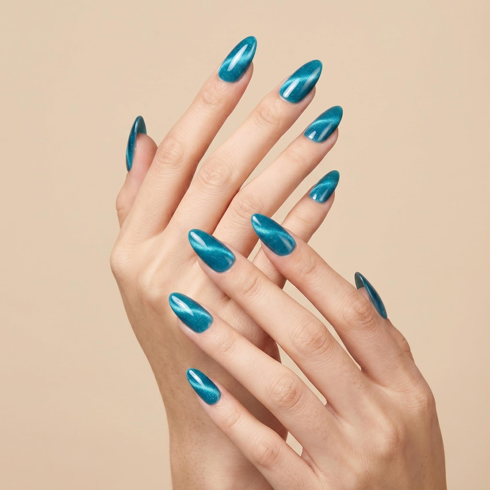 Handmade Press-On Nails Medium Almond Lake Blue (#119 L)