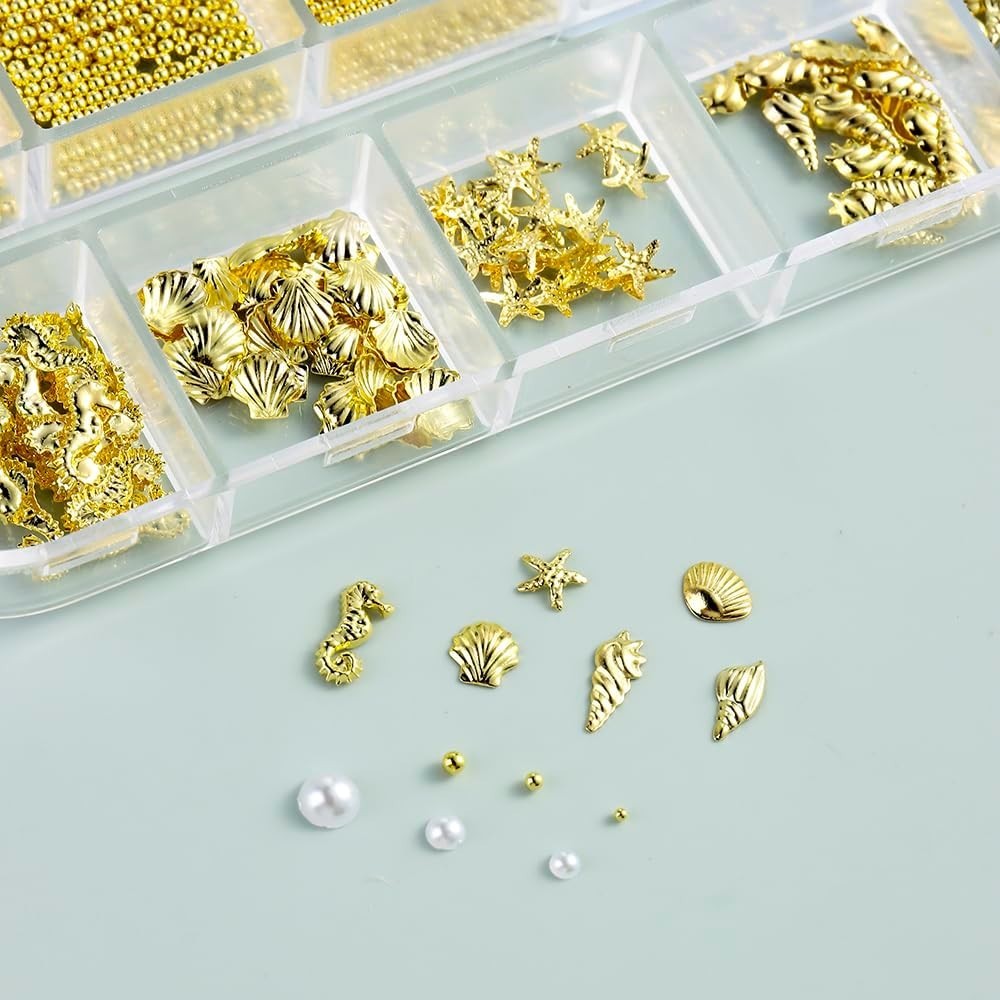 Summer Beach-Themed Nail Charms: 200 Gold Studs with Pearls & Caviar Beads