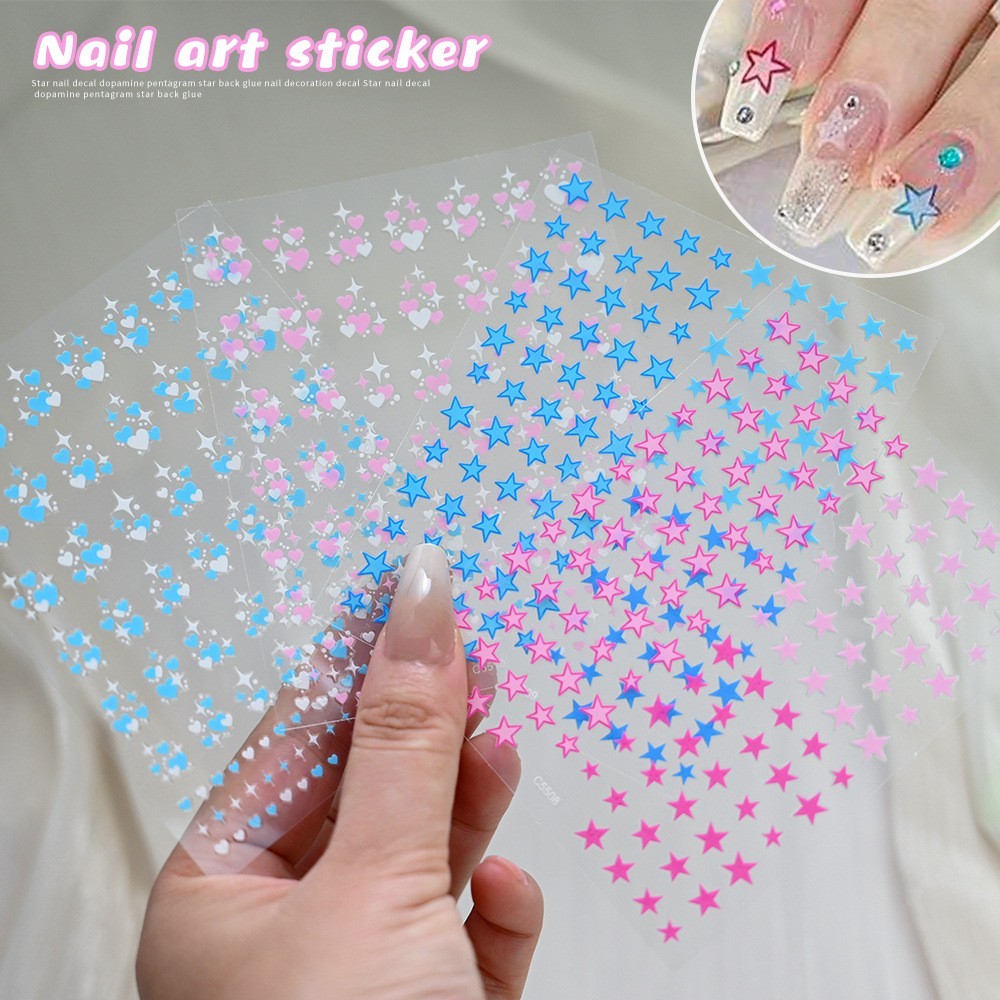 4Pcs Set Nails Stickers Blue Pink Star Heart Decals 3D Self-Adhesive Peel NH30