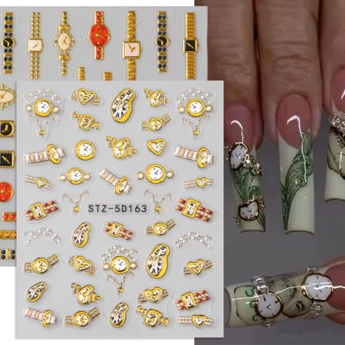Gold Nail Stickers for Nail Art Wrist Watch Clock Nail Decals 5D Style-12