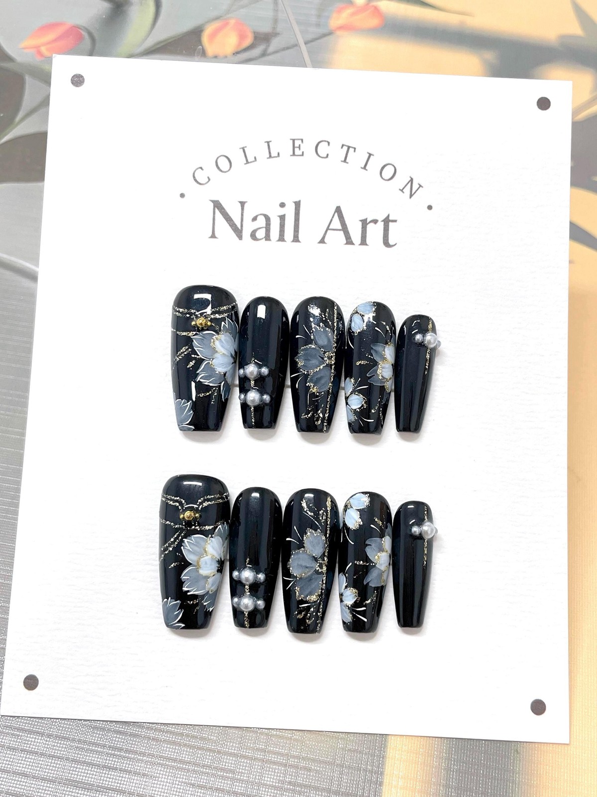 Custom Pure Handmade Nails Black Base Grey Flower Gold Foil Pearl Cool Manicure